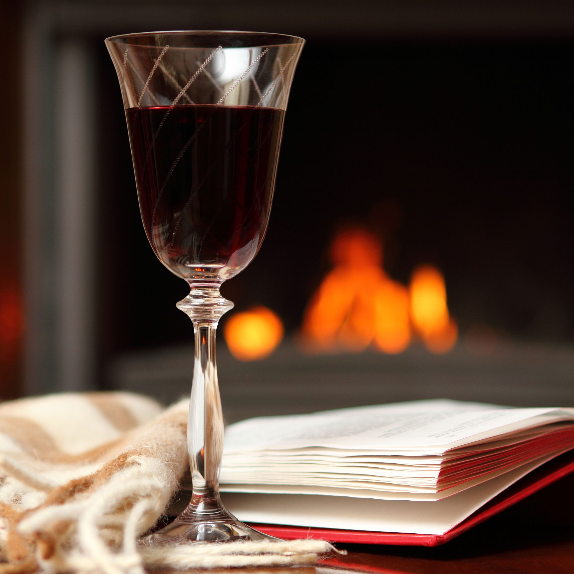 Glass of Wine & Book by Fire